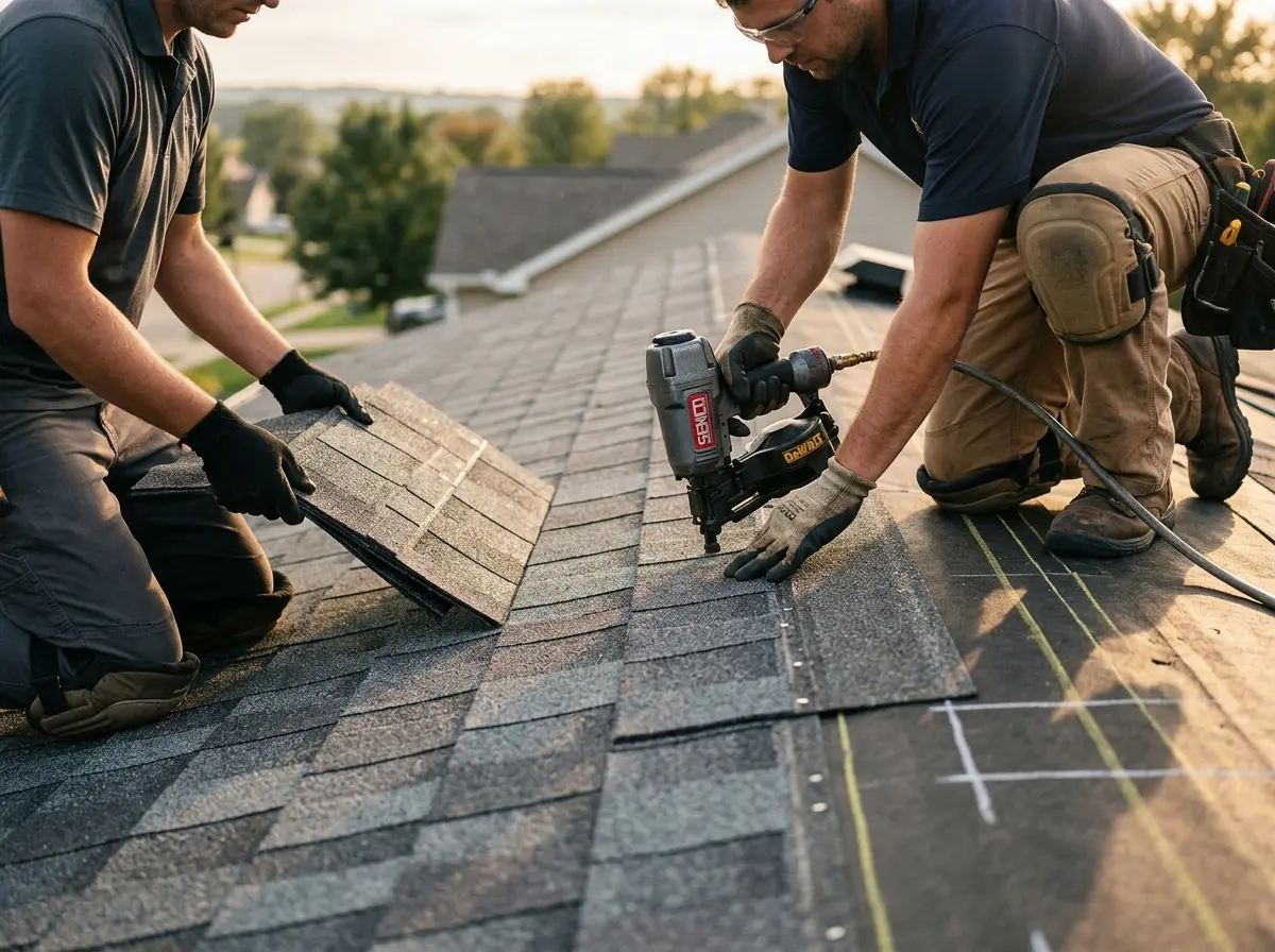 Professional roofer working on a residential roof in Elkhorn